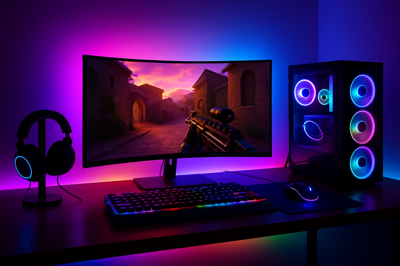 Gaming setup with RGB LED lighting